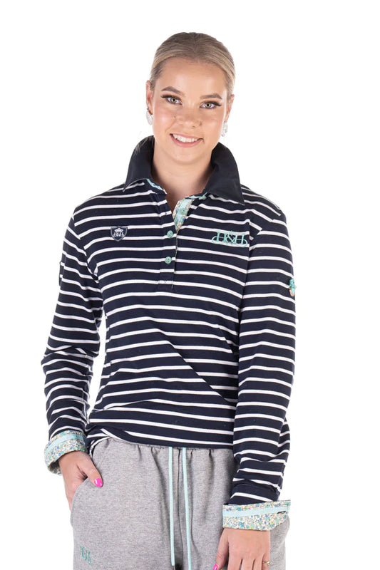 Hitchley & Harrow Navy Stripe Long sleeve - Mint Floral Trim